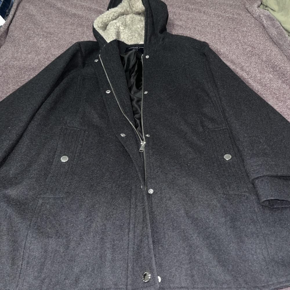Women's LONDON FOG Full Zip Sherpa Lined Hood 31" Wool Jacket Charcoal 1X